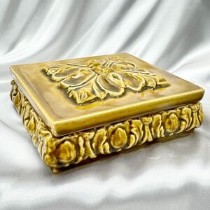 Vintage Mid-Century Ceramic Trinket Box with Ornate Floral Relief Mustard Yellow